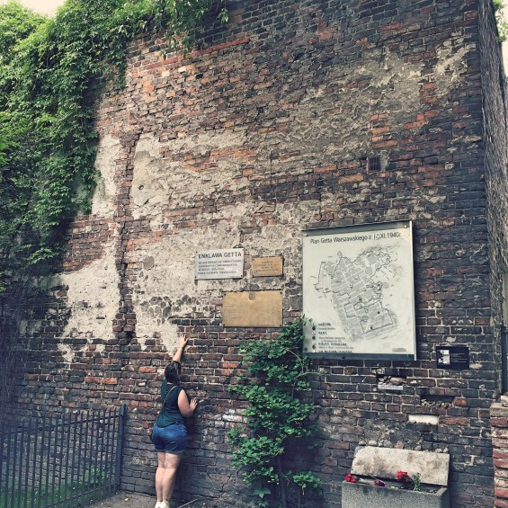 Author with the Warsaw ghetto wall